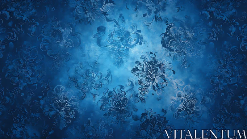 Blue floral abstract background with swirling blossoms.