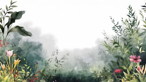 Misty Garden Landscape with Layered Florals and Verdant Foliage