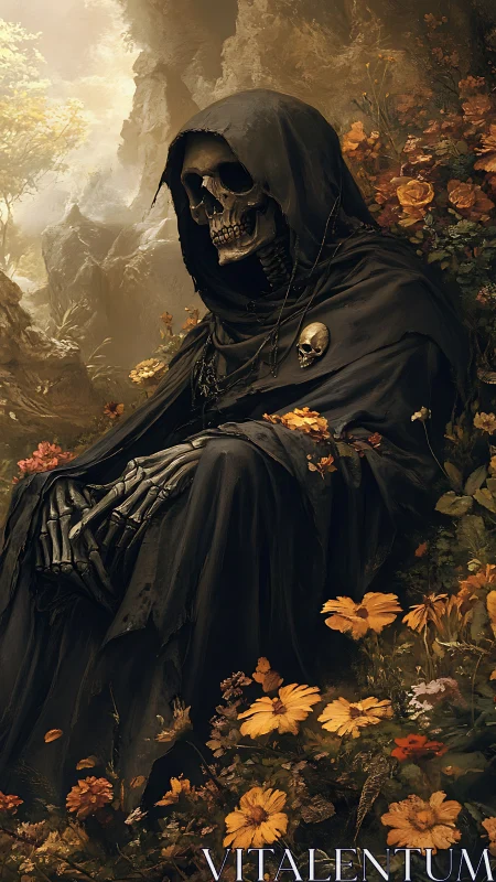 Reaper at rest among autumn flowers and whispering cliffs.