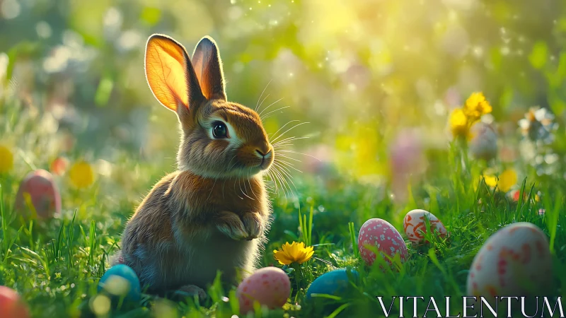 Spring meadow bunny amid glowing Easter eggs at dawn.