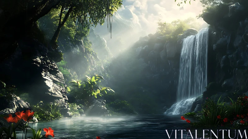 Whispering waterfall grove drenched in silver morning light.