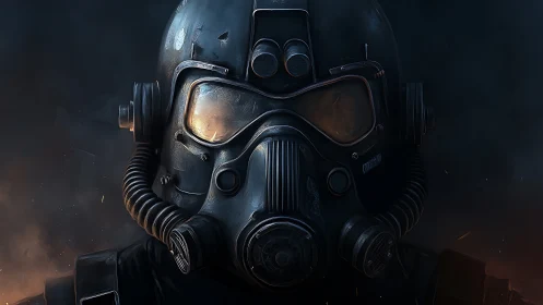 Steel-clad wasteland sentinel in glowing respirator visor.