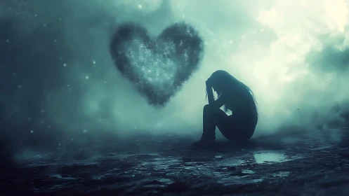 Soft mist cradles a lonely figure beneath a fading heart glow