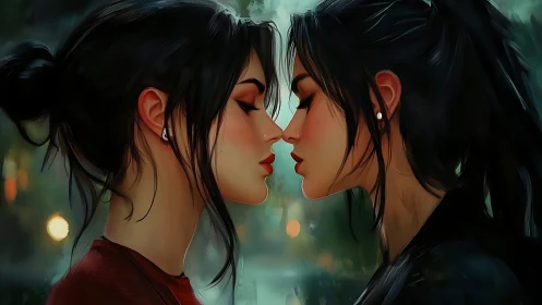 Two women facing each other about to kiss in mystical green setting.