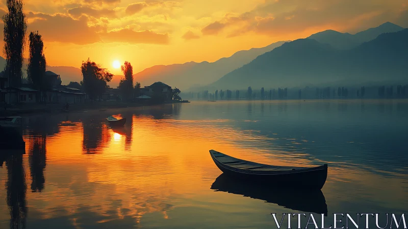 Sunlit mountain lake at dusk with moored wooden rowboat