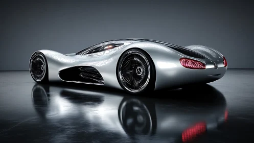 Silver comet supercar glides through mirrored midnight studio.