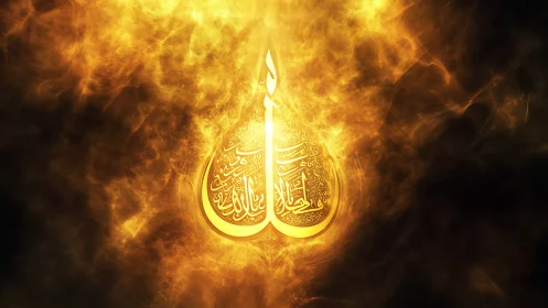 Luminous Arabic calligraphy emblem emerging from golden flames.