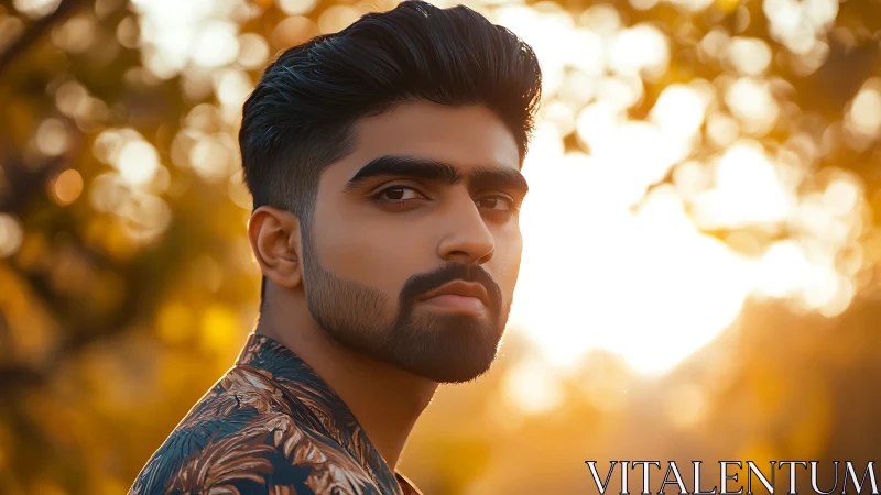 Golden hour portrait with shallow depth and warm bokeh glow.