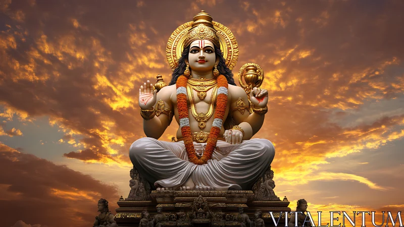 Golden Hindu deity statue sits before dramatic sunset sky