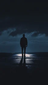Silhouetted person standing on wet ground under dark sky.