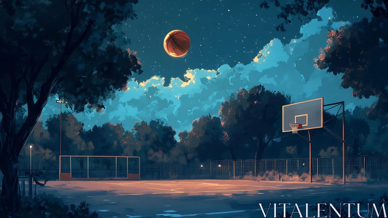 Nocturnal basketball court under stellar cloud canopy rendered.