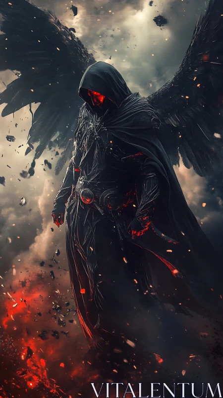 Fallen dark angel descends through embers and storm clouds.