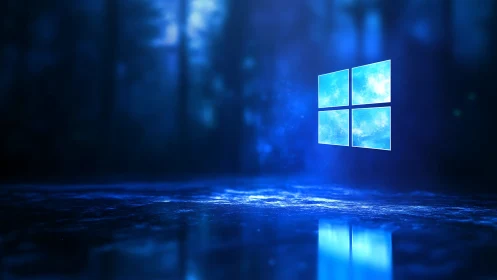 Luminescent Windows logo hovering in refractive blue void.