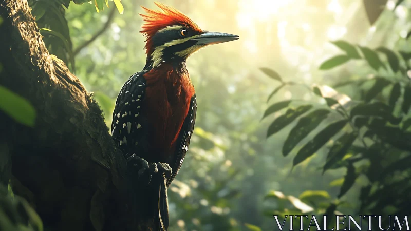 Vibrant Woodpecker on Tree in Sunlit Jungle, Photorealistic Style.