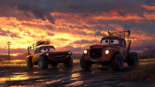 Anthropomorphic off-road cars on wet rural road at sunset.