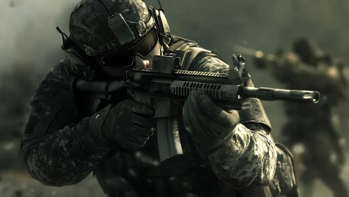 Tactical operator with carbine in dynamic combat posture.