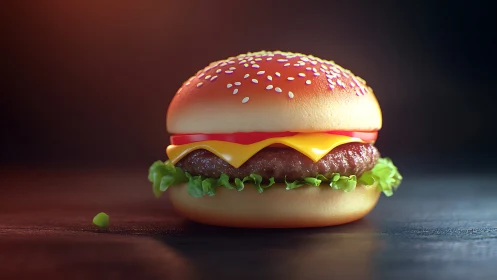 Cheeseburger render shows stylized bun, patty, cheese, lettuce