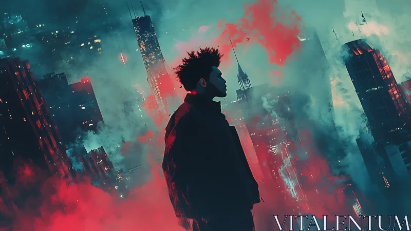 Silhouetted figure before neon cityscape in dense colored fog.