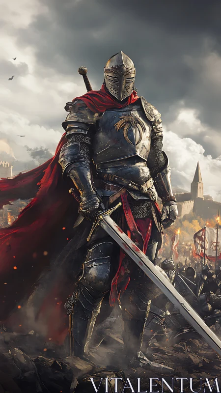 Armored medieval knight with red cloak on battlefield.
