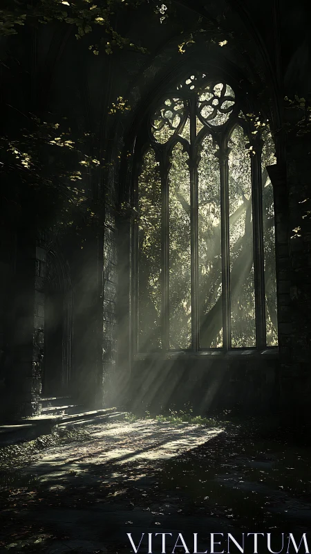 Sunlit ruins where forest prayers slip through stone arches.