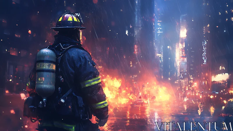 Firefighter in Urban Blaze During Heavy Rainfall