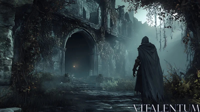 Cloaked wanderer breaching fog-drowned ruined stronghold.