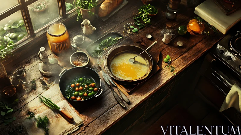 Overhead view shows rustic kitchen workspace with cooking pans