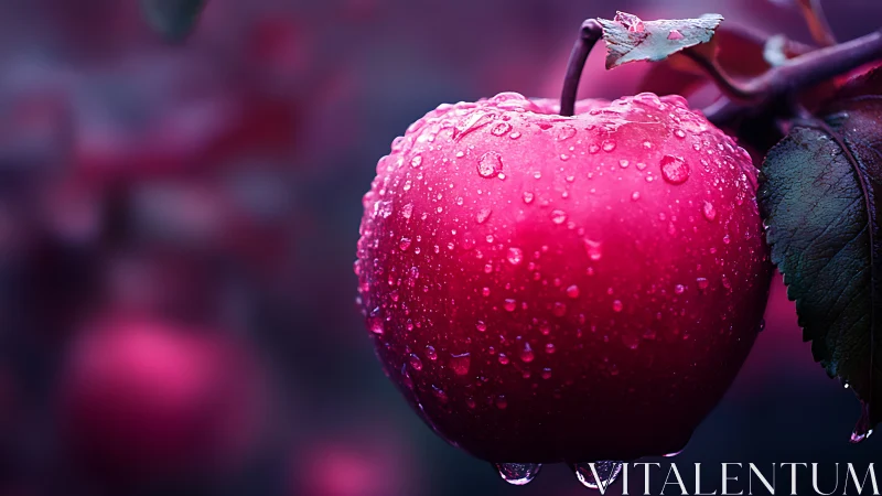 Rain-kissed crimson apple glowing in dreamy dusk orchard.