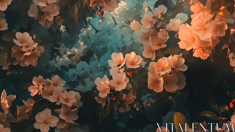 Peach Blossoms Under Teal Mist with Ladybugs