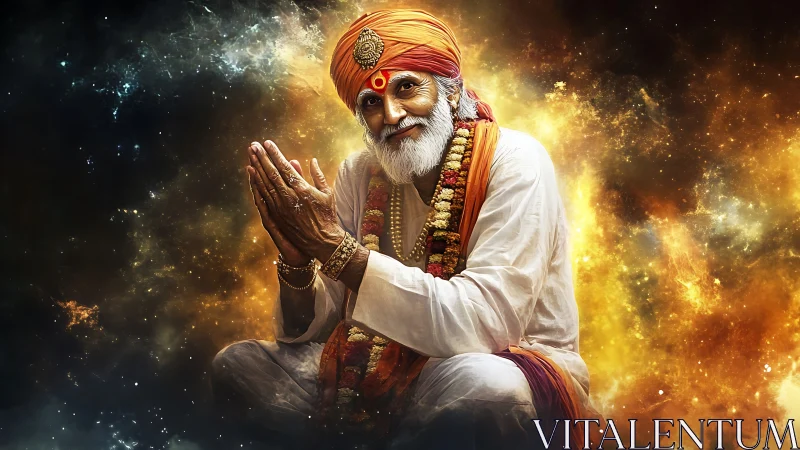 Elderly guru in orange turban seated before cosmic backdrop.