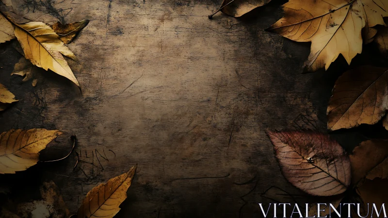 Autumn leaves framing dark rustic wooden background.