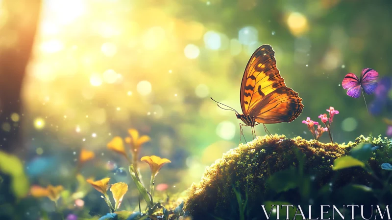 Golden butterfly resting in a glowing, storybook garden.