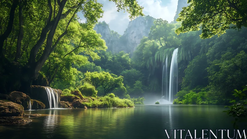 Tranquil forest waterfalls welcoming you into soft green light.