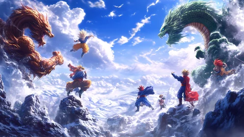 Anime warriors face twin dragons over snowy peaks.