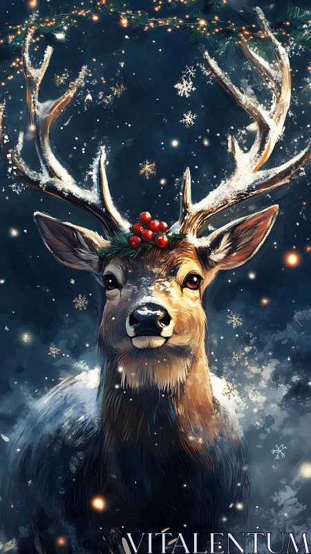 Winter stag portrait with snowlit antlers and holly crown.
