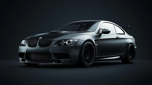 Sleek dark BMW sports coupe rendered in dramatic studio light.