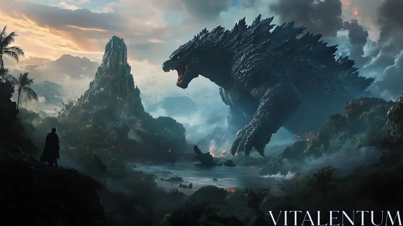 Colossal reptilian titan roars above misty jungle lagoon.