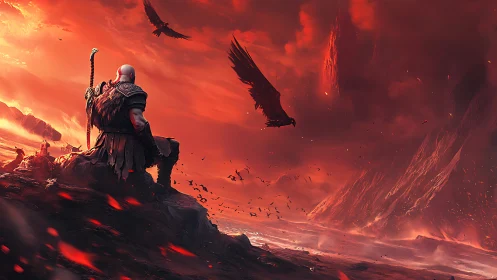 Warrior overlooks burning volcanic wasteland beneath circling ravens