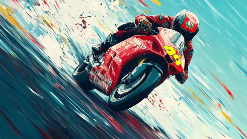 Aggressively leaned superbike racer in dynamic paint streaks