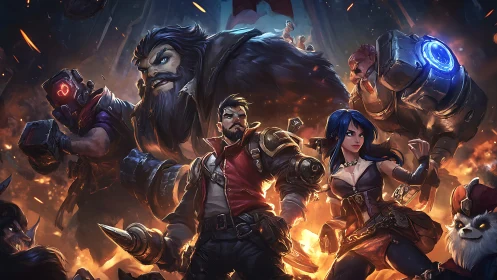 Bold steampunk heroes gather in a glowing battle blaze.