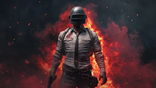 Helmeted soldier figure before dense fire plume background.