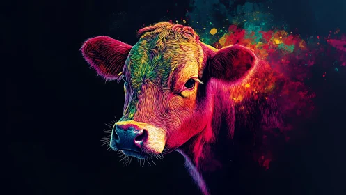 Neon chromatic cow portrait in high-contrast digital painting.