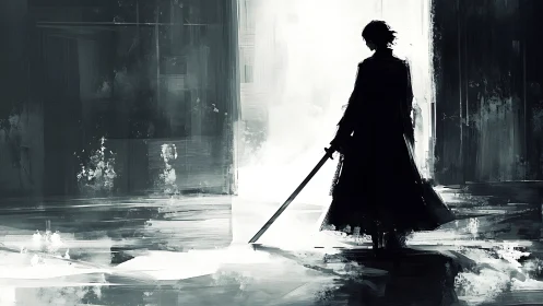 Monochrome swordsman silhouette in high-contrast digital painting.