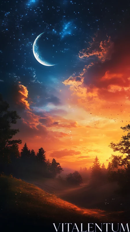 Dreamy twilight valley under a crescent moon sky.