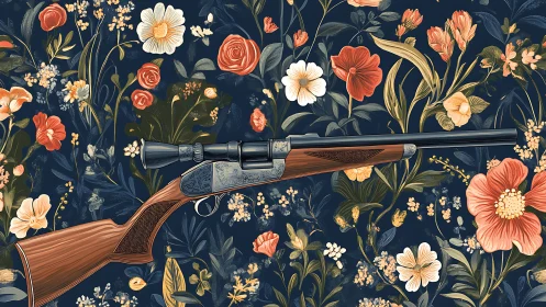 Ornate hunting rifle lies amid dark, lush floral backdrop
