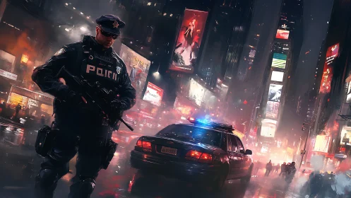 Police officer in neon city street with patrol car at night.