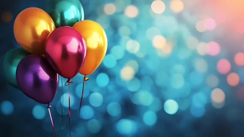 Metallic Balloons Against Bokeh Background.