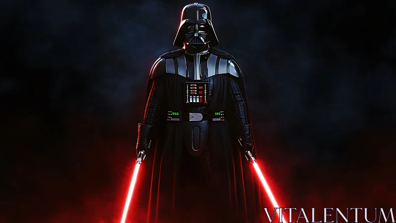 Sith warrior in reflective armor with dual red sabers.