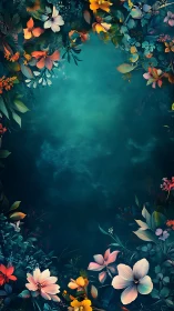 Layered Floral Arrangement with Triadic Color Palette on Textured Teal Ground