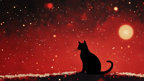 Solitary Cat Gazes at Stars in Red Cosmic Night Sky.
